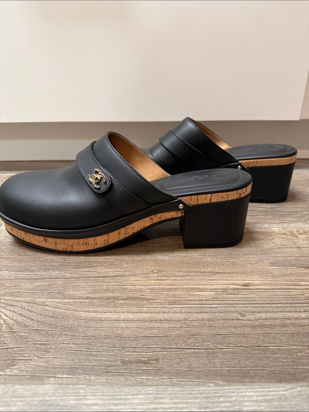CHANEL Black Leather Slide Clogs with Gold CC Accents - Picture 4 of 5